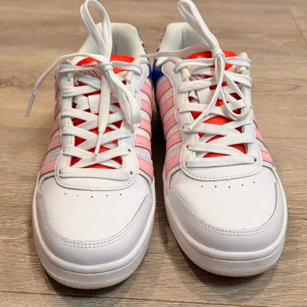 K Swiss Womens Low Top Sneakers White Pink‎ Blue Leopard Accent Lace Up Size 9
